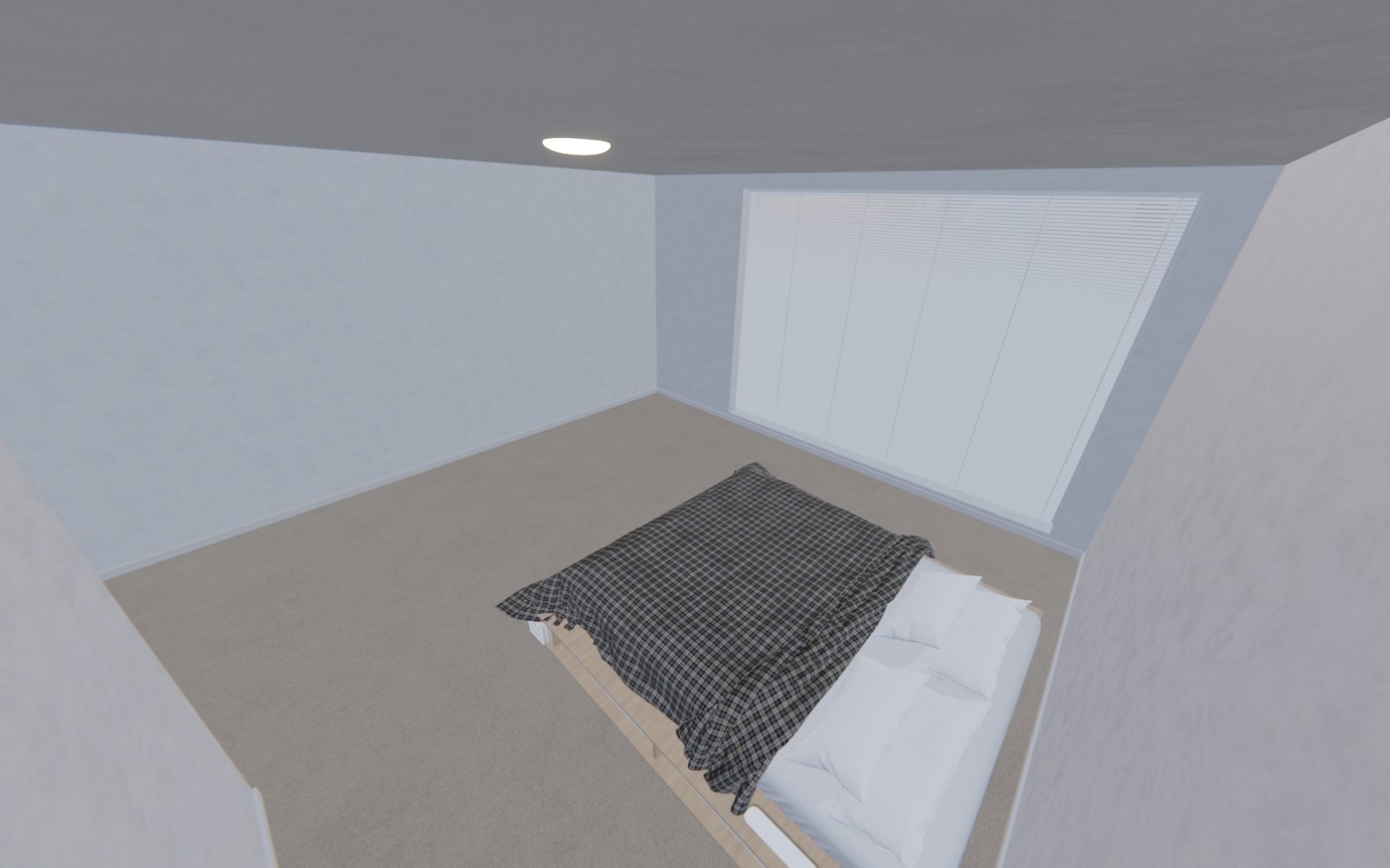 Second wide angle of the bed frame in the room, showing the low, floating profile